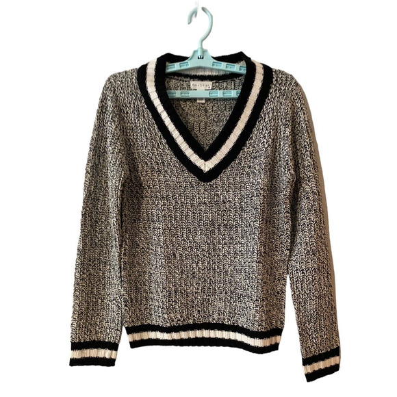 V-Neck Varsity Style Sweater Size Juniors Medium Marled Black White Schoolcore - Picture 2 of 5